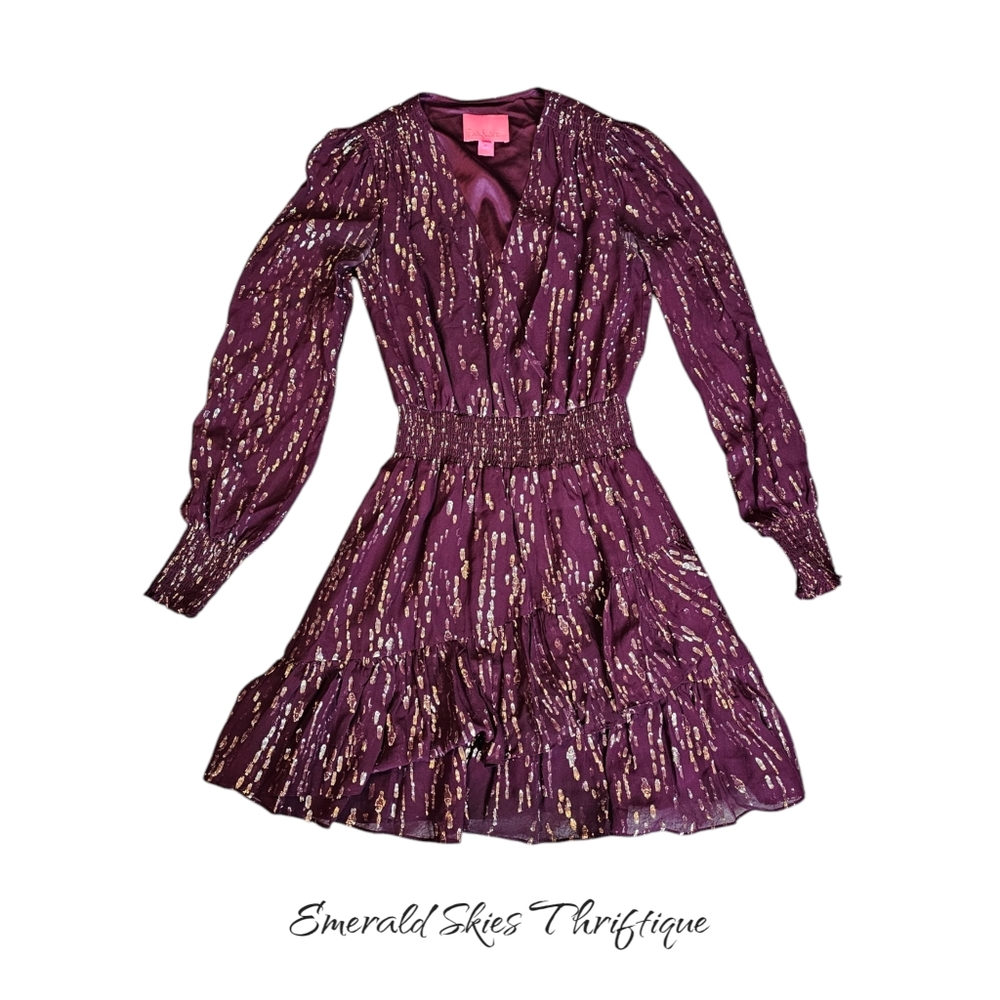 Lilly Pulitzer Cristiana Silk Dress Long Sleeve Cherry Red Gold Size 00